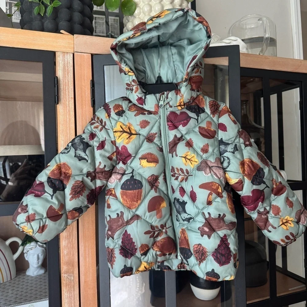 H&M puffer jacket hooded quilted baby boy unisex toddler sage forest animals